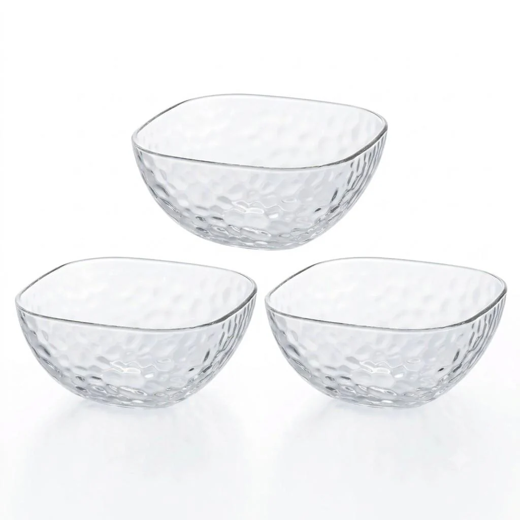 Aderia Square Bowl Large Dimpled Glass Serving Dish 165mm (Set of 3)